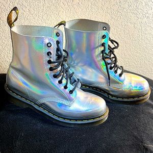 Dr Martens Pascal RS 8-eye silver holographic oil slick rainbow leather boots